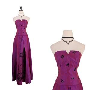 Vintage Betsy Adam Prom Dress Maxi Gown 4 Pink Black Set Corset Goth Y2K Velvet